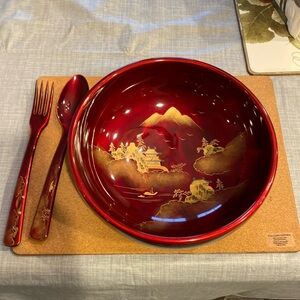 Vintage Japanese Lacquer Salad Bowl with Spoon and Fork